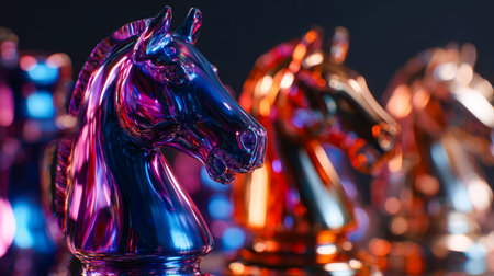 Shiny metallic chess kings illuminated by dynamic neon colors, creating a futuristic, high-contrast...