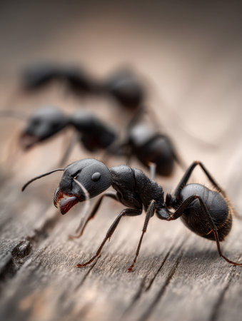 Intricate macro shot capturing tiny black ants traversing a textured wooden plank, highlighting their segmented bodies and fine surface details in sharp focus.の写真素材