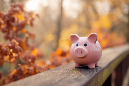 A charming pink piggy bank rests on a rustic wooden ledge, overlooking a vibrant forest decked in fall hues?evoking themes of prudent saving during life's transitions.の写真素材