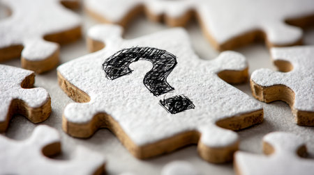 Focused on a near-complete puzzle, highlighting a prominent piece with an expressive question mark,...