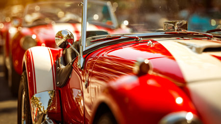 A striking crimson vintage sports car with polished chrome accents and reflective side mirrors,...