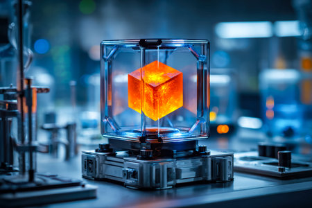 A sleek, high-tech lab features a luminous orange geo-cube in a crystal-clear containment,...