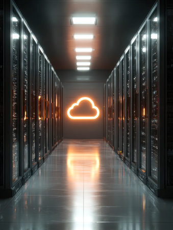 A sleek, futuristic server aisle bathed in cool lighting, leading to a luminous cloud symbol that...