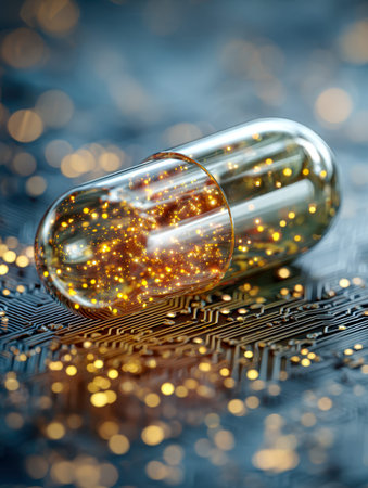 A sleek, clear capsule shimmering with radiant gold sparks is nestled amidst a complex network of...