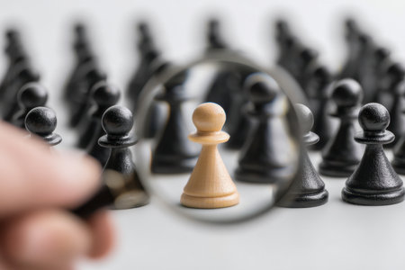 A magnified shot emphasizes a distinctive pale pawn standing amidst a cluster of darker rivals, symbolizing strength, distinction, and the essence of leadership within coの写真素材