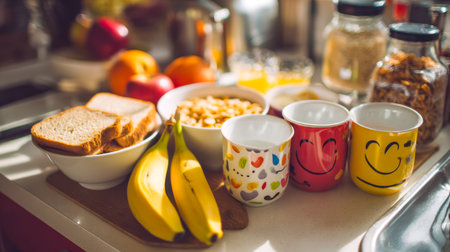 Brightly lit kitchen scene featuring freshly sliced bread, ripe bananas, and joyful patterned mugs, creating a warm and inviting morning atmosphere.の写真素材