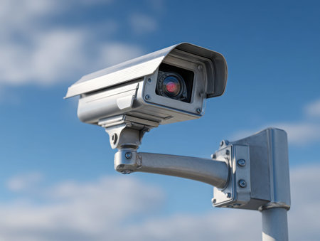 A sleek metallic device observes its surroundings under a clear blue sky, ensuring sharp, reliable...