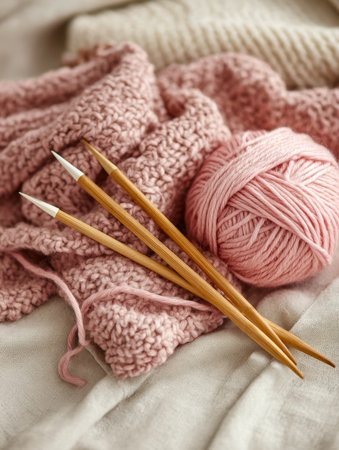 Warm ambient light illuminates a comforting space where soft pink yarn and sturdy wooden needles...