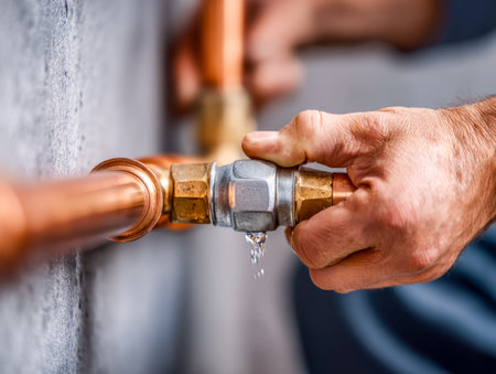 A repair technicians a plumbing line on the building?s outer surface, focusing on precise hand...