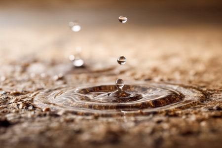 Gentle natural light highlights delicate water beads as they descend onto a textured base, forming...