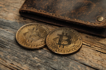 Golden cryptocurrency tokens rest on aged wood, accompanied by an antique leather wallet, evoking timeless value and vintage financial style.の写真素材