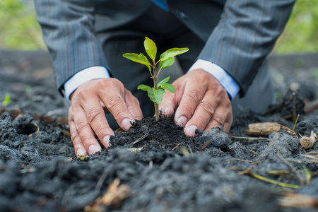 Business leader planting tree in deforested area, showing commitment to environmental restorationの写真素材