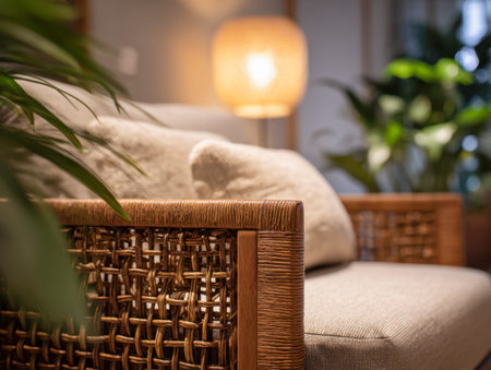 A charming lounging area showcases a handcrafted rattan chair paired with plush beige pillows,...