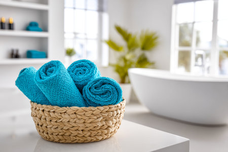 Luxurious navy towels are neatly folded in a charming woven container, set against a luminous,...