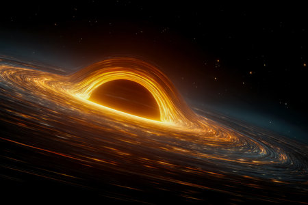 A mesmerizing cosmic scene showcasing a dark, swirling void surrounded by a radiant, fiery ring of plasma, capturing the mysterious power of a black hの写真素材