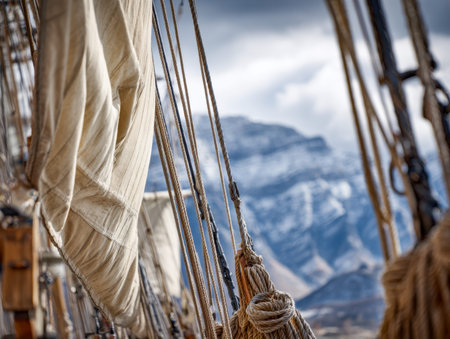 A close-up of intricate ropes and traditional sails adorn an aged sailing vessel, set against...