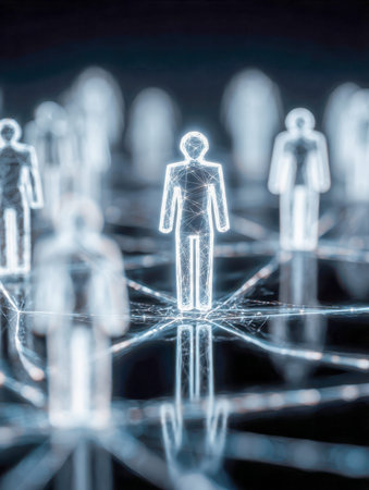 A group of futuristic digital avatars linked by luminous network threads, symbolizing dynamic online...