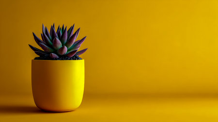 A striking purple succulent adorns a cheerful yellow container, set against a clean, monochromatic yellow backdrop, offering bold visual contrast and ample space for creaの写真素材