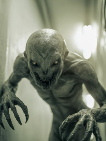 An intimidating figure emerges from darkness, its piercing luminous eyes and razor-sharp talons accentuated by shadows, heightening tension in a claustrophobic, eerie passage.の写真素材