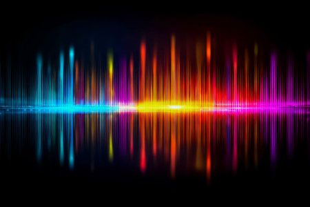 An energetic display of luminous, rainbow-hued audio patterns ripping across a dark background, evoking dynamic motion and vibrant sound visualizatioの写真素材