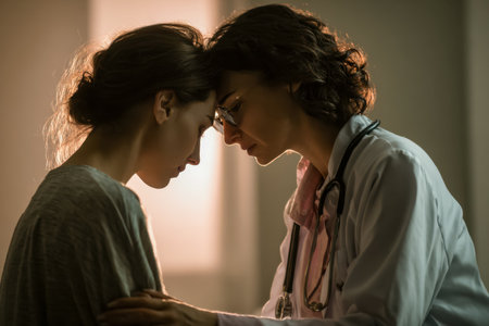 A warm, empathetic healthcare provider attentively listens and offers reassurance to a patient during a trusting consultation.の写真素材