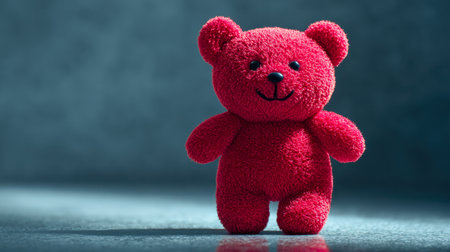 A cozy red plush teddy bear stands gracefully on a sleek surface, with gentle lighting highlighting its soft texture against a textured blue backdrop.の写真素材