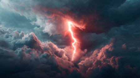 An electrifying surge of vivid orange streaks against looming, stormy shadows illuminates the dusk sky, capturing nature's raw, awe-inspiring power.の写真素材