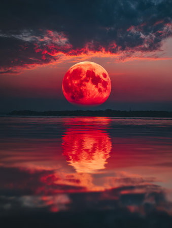 A fiery crimson moon hangs low above serene waters, painted by the warm glow of sunset, creating a captivating blend of tranquility and celestial brilliance.の写真素材