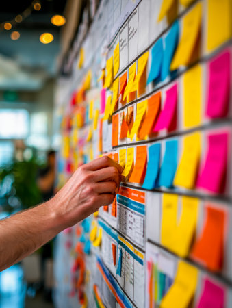 Vibrant notes cluster on a bustling workspace board, reflecting organized chaos and dynamic project planning amid productivity.の写真素材