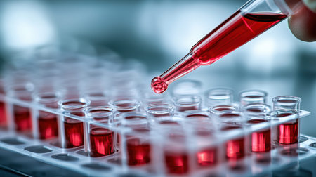 A scientist carefully transfers vibrant red fluid into glass test tubes amidst a bright, organized...