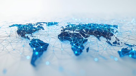 A high-tech digital map highlighting global connections with glowing data pathways, illustrating...
