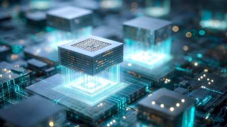 A sleek, high-tech network of glowing circuits and advanced microchips, illustrating the core of...