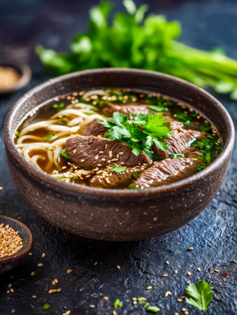 A steaming bowl of savory beef noodle broth garnished with vibrant herbs and toasted sesame seeds,...