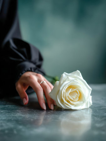 A graceful hand with perfectly polished nails rests delicately on a mirror-like surface, accompanied by a single pristine white blossom bathed in gentle daylight.の写真素材