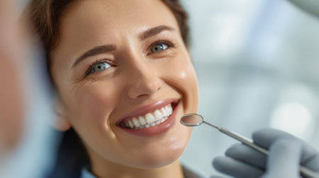 A cheerful woman with luminous eyes and a broad grin sits in a dental chair, highlighting her sparkling, well-maintained teeth amid a clean, professional environment.のeditorial素材