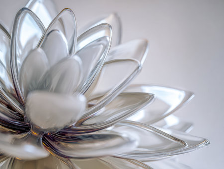 A finely crafted glass form resembling gentle flower petals captures subtle light, creating an ethereal glow against a softly blurred backdrop, embodying refined artistry and graceの写真素材