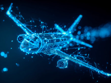 A vibrant, illuminated design schematic showcases an advanced aircraft concept with sleek lines and...