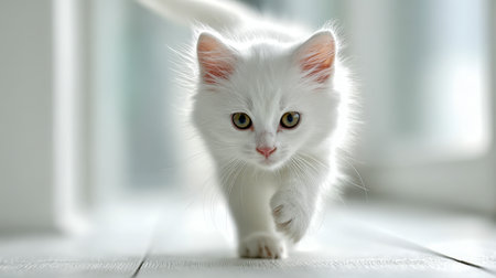 A charming white kitten with plush fur strides boldly into view, its alert gaze and gentle demeanor illuminated by warm, diffused indoor lighting.の写真素材