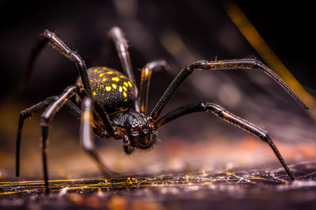 A detailed shot capturing a striking black and yellow arachnid perched delicately on its shimmering...