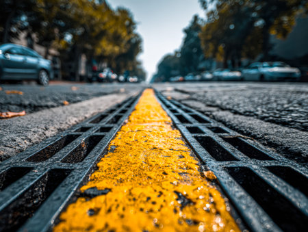 A vibrant yellow strip guides the eye along a city street, framed by metal grates of a storm drain,...