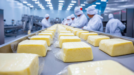 Workers in protective gear oversee a bustling cheese manufacturing process, ensuring quality along a precise, orderly assembly line under bright lightの写真素材