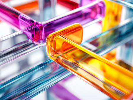 A collection of vivid glass pieces arranged in a striking geometric pattern, creating a lively...