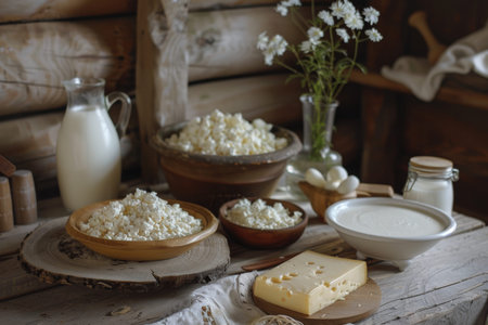 Assorted rustic dairy products. fresh cheese, creamy milk, tangy yogurt, whipped cream, rich butter
