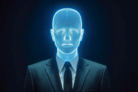 A professional figure in a sleek suit sports a luminous, high-tech mask composed of intricate...