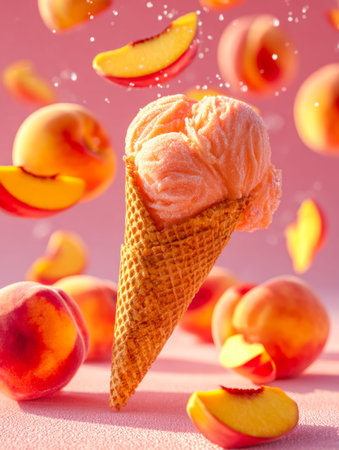 A bright, tempting treat featuring a creamy peach-flavored scoop atop a crispy cone, surrounded by...