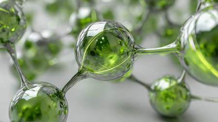 A clear, glass-like network of interconnected spheres contains luminous green organic components,...