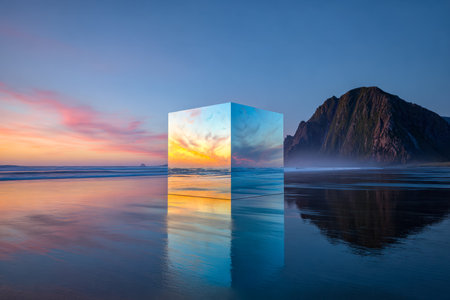 A dreamlike shoreline bathed in warm twilight, where an angular, mirror-like sculpture mirrors the fiery sky, framed by majestic mountains and rolling waves.のeditorial素材