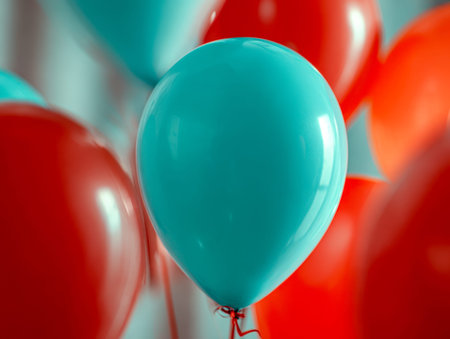 A striking teal balloon commands attention amidst a lively mix of red and orange spheres, adding a...