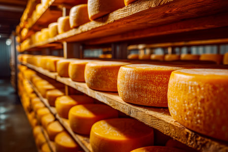 Rustic wooden shelves cradle large, timeworn cheese wheels, evoking a sense of tradition and age in...