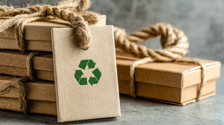 Sustainable wrapping solution featuring natural kraft containers bound with rustic twine, emphasizing eco-consciousness and responsible waste management.の写真素材